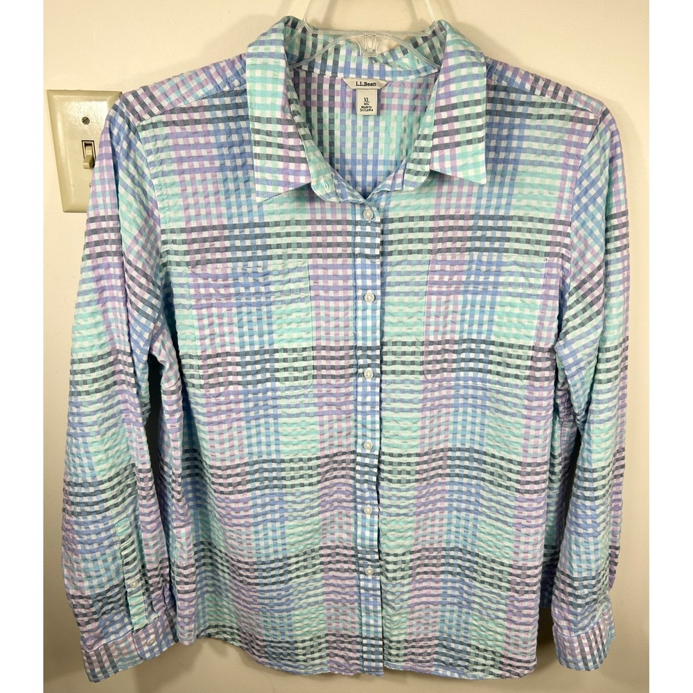 LL Bean Vacationland Seersucker Shirt Women XL Coastal Aqua Gingham L/S Cotton